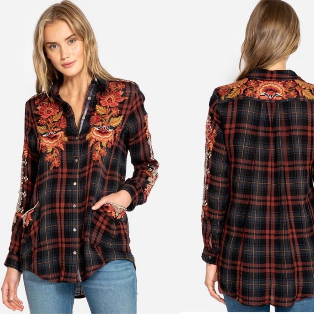 Johnny Was Warner Painters Smock Embroidered Plaid